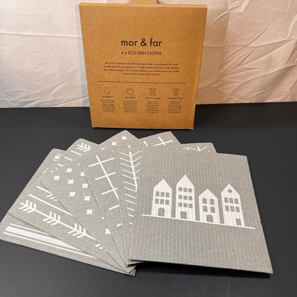 Mor & Far 6 Pack Eco Dish Cloths Unisex Grey NEW‎ Swedish Reusable Cellulose